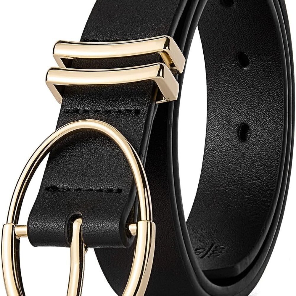 Women Leather Belt for Jeans Dresses Pants Silver Oval Buckle Trendy Waist